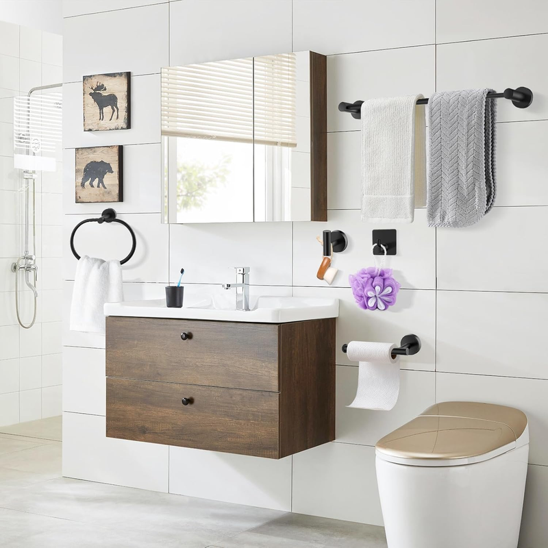 6-Piece Bathroom Hardware Set, Matte Black Stainless Steel Towel Rack Set, Inclu