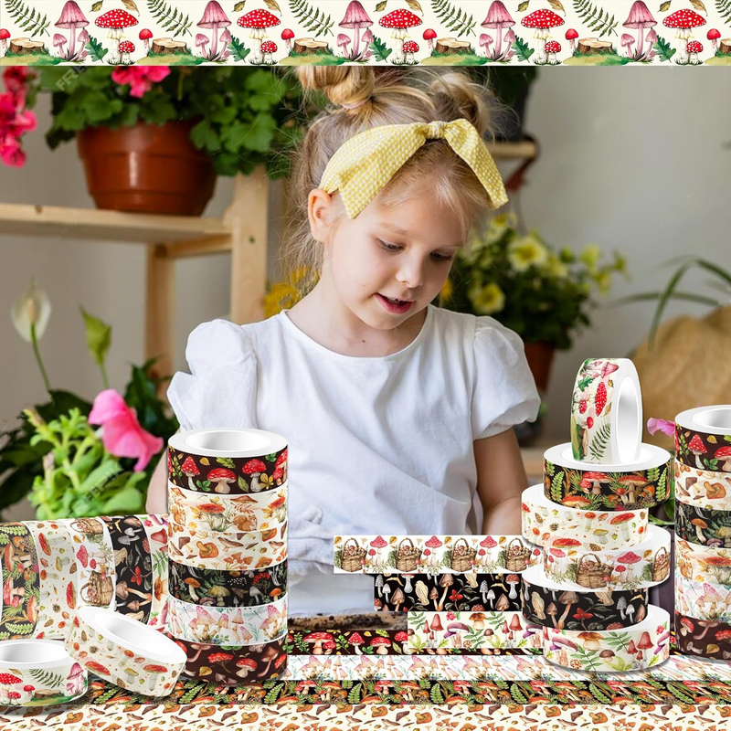12 Rolls Mushroom Washi Tape Set,Vintage Washi Tape Decorative Paper Stickers De