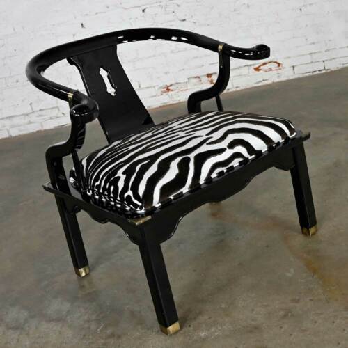 Ming Style Black Lacquer & Brass Yoke Chair After James Mont Scalamandre Fabric