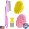 4Pack Pet Grooming Brush Kit, Aoche Dog Bath Brush Flea Comb for Dogs Pet Shampoo Brush Soothing Massage Rubber Comb Flea Lice Comb Cat Tear Stain Comb Dog Brush for Shedding, Pink+Yellow
