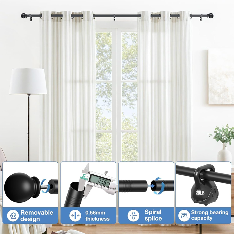 Black Curtain Rods for Windows 48 to 84 Inch, 5/8 Inch Diameter Splicing Drapery