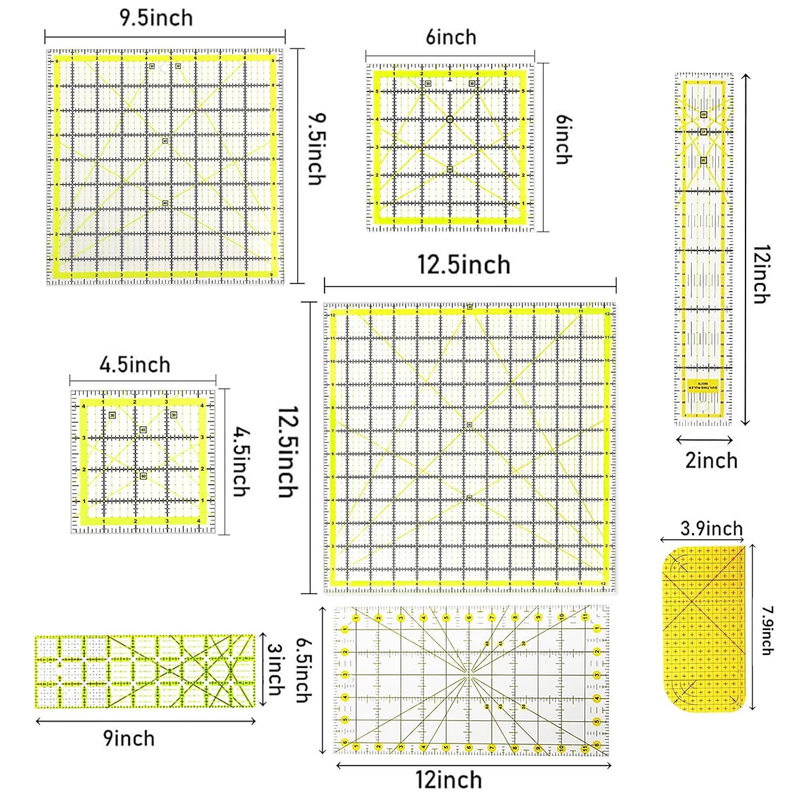 8 Pack Acrylic Quilting Ruler, Square Transparent Fabric Quilter Ruler with Doub