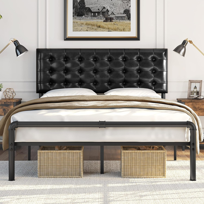 Metal Platform Bed With Faux Leather Height-adjustable Headboard