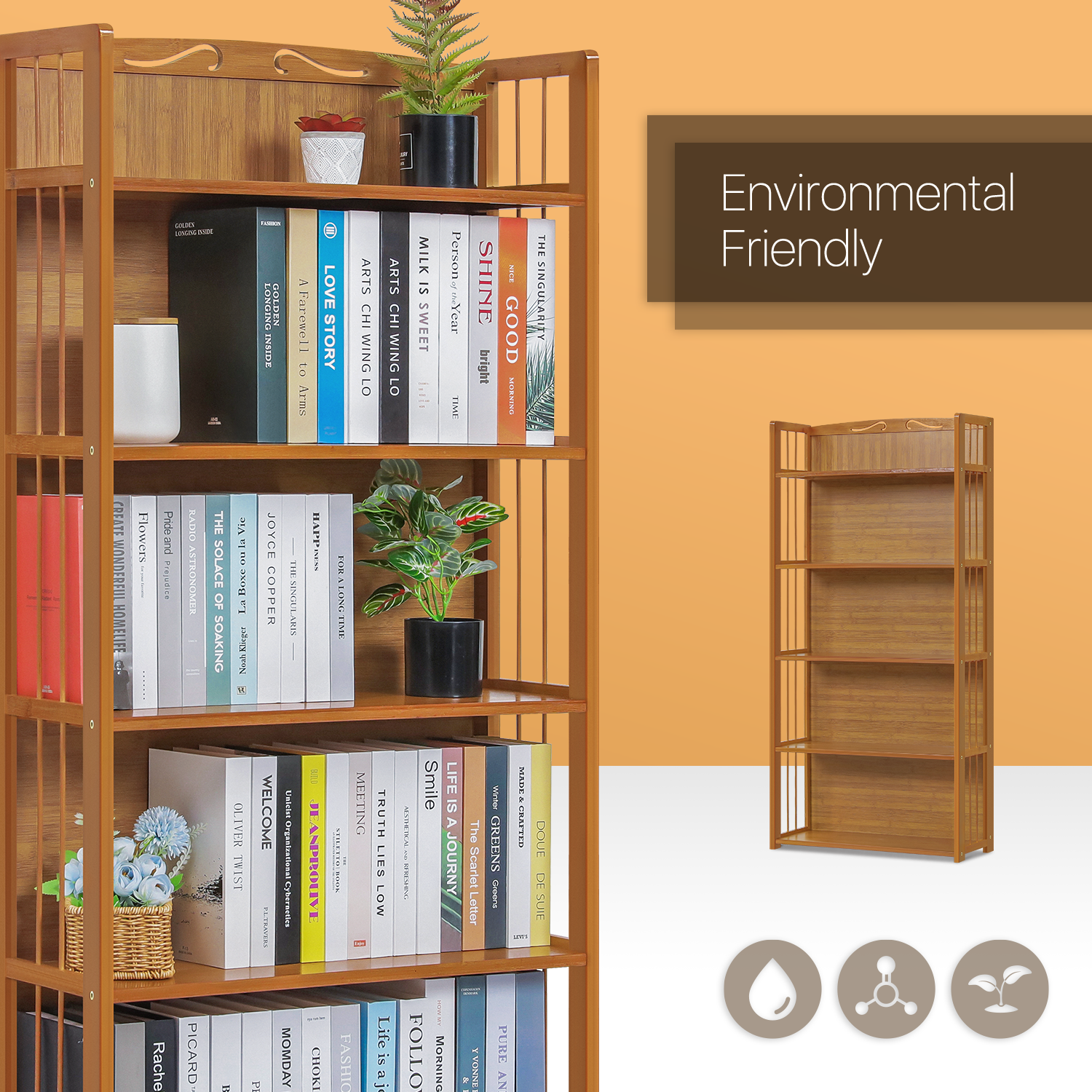 28"Natural Bamboo [ENCLOSED BACK] 5-Tier Freestanding Bookcase Home Display Case