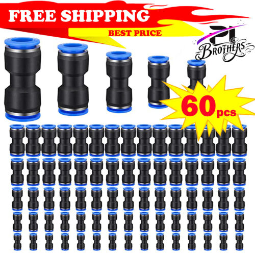 60 Pcs Straight Connectors Puch Connect Fittings Air Line Quick 1/4 5/16 3/8 Tub