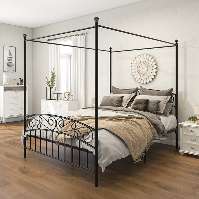 Metal Queen Canopy Bed Frame, Classic 4-Post Queen Size Metal Platform Bed Frame