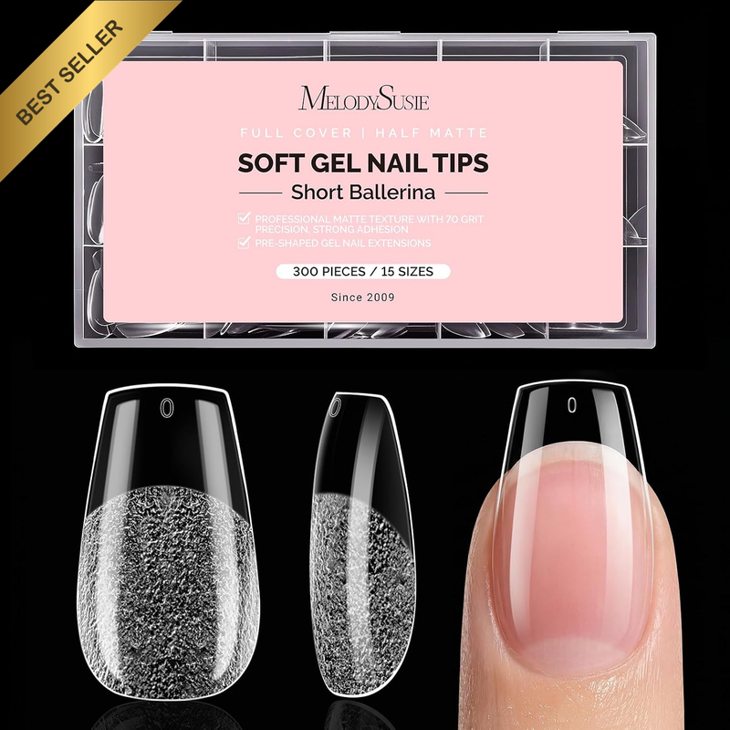 Short Ballerina X Nail Tips - 300Pcs 15 Sizes Clear Acrylic, Half Matte Full Cov