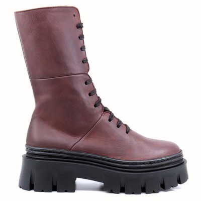 Pre-owned Lofina Chunky Leather Lace Up Boots In Gas Melanzana - Size 40 In Brown