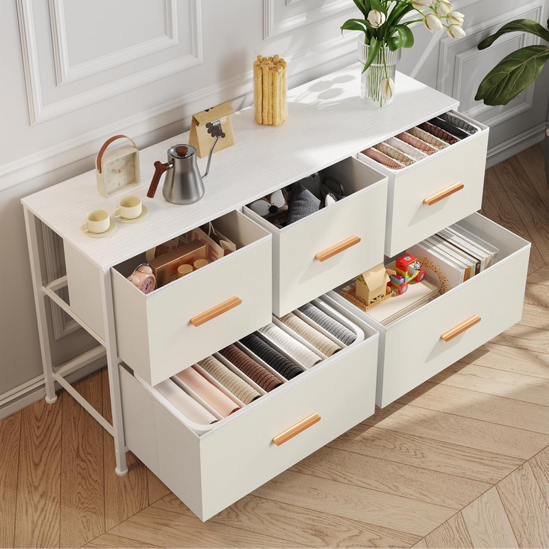 Cream White TV Dresser for Bedroom 100cm Wide, Faux Leather Storage Dresser for