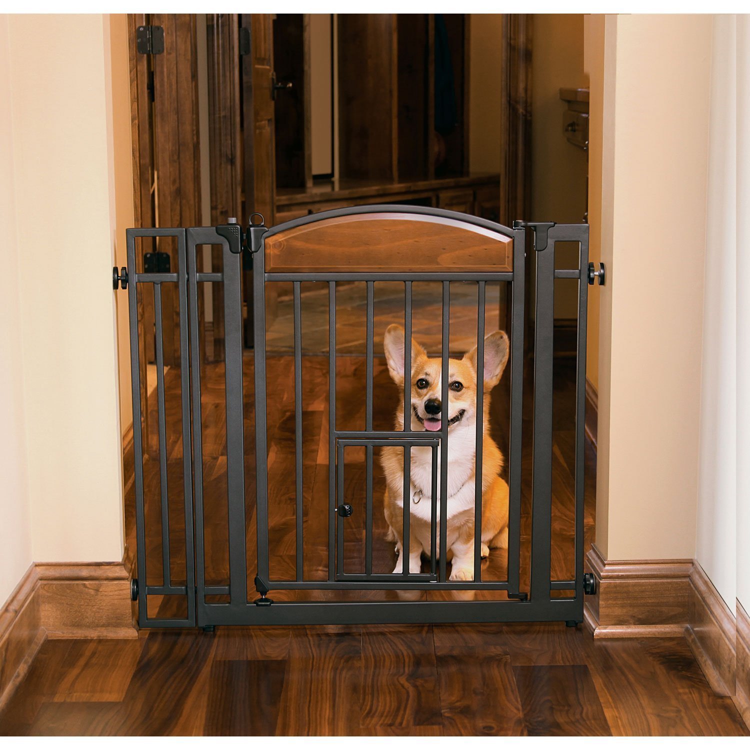 Carlson Pet Gate Chew Proof Gate One Hand Operation Charcoal Steel Cherry Wood