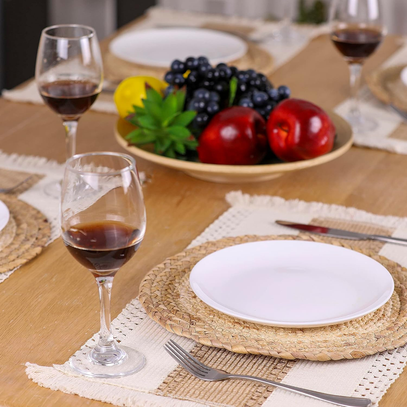 Handmade Boho Placemats Set of 6 - Natural Cotton Burlap and Water Straw Woven C