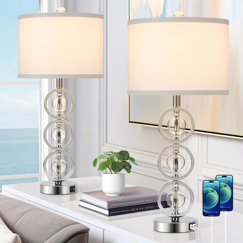 Set of 2 Modern Silver Table Lamps with 2 USB Charging Ports, 27“ Tall Crystal Bedside Nightstand Lamp with White Fabric Shade, Glass Desk Lamp with Rotary Switch for Living Room Bedroom Office Study