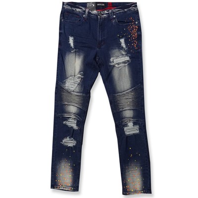 

Мужские байкерские джинсы Makobi Dark Wash с оранжевыми и желтыми брызгами краски