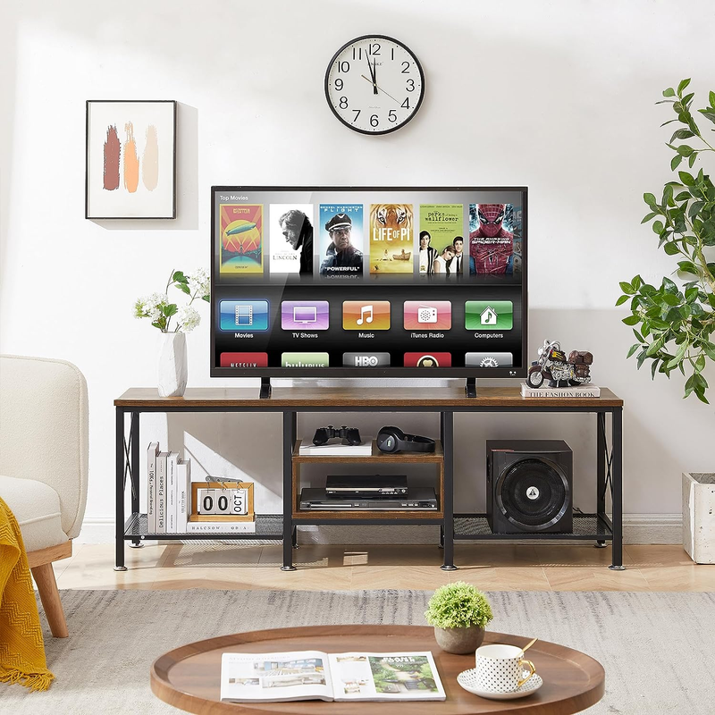 Industrial TV Stand for 70 Inch Television Cabinet 3-Tier Console with Open Stor