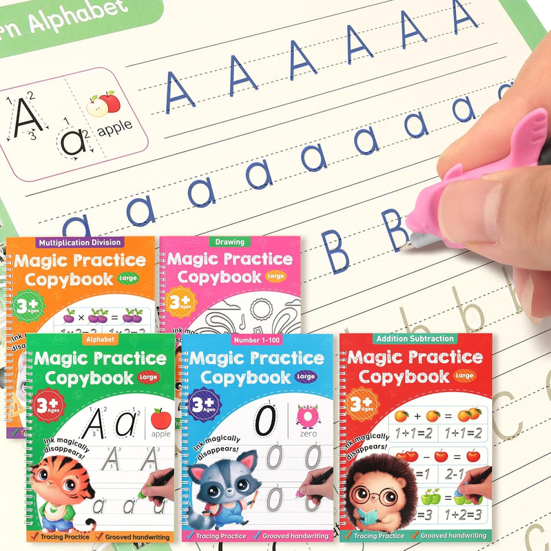 Large Magic Grooved Practice Copybook for Kids, Reusable Grooved Handwriting Workbook, Learn to Write Number Letter Tracing for Kids Ages 3-8 Kindergarten Preschool Calligraphy 10.2×7.3
