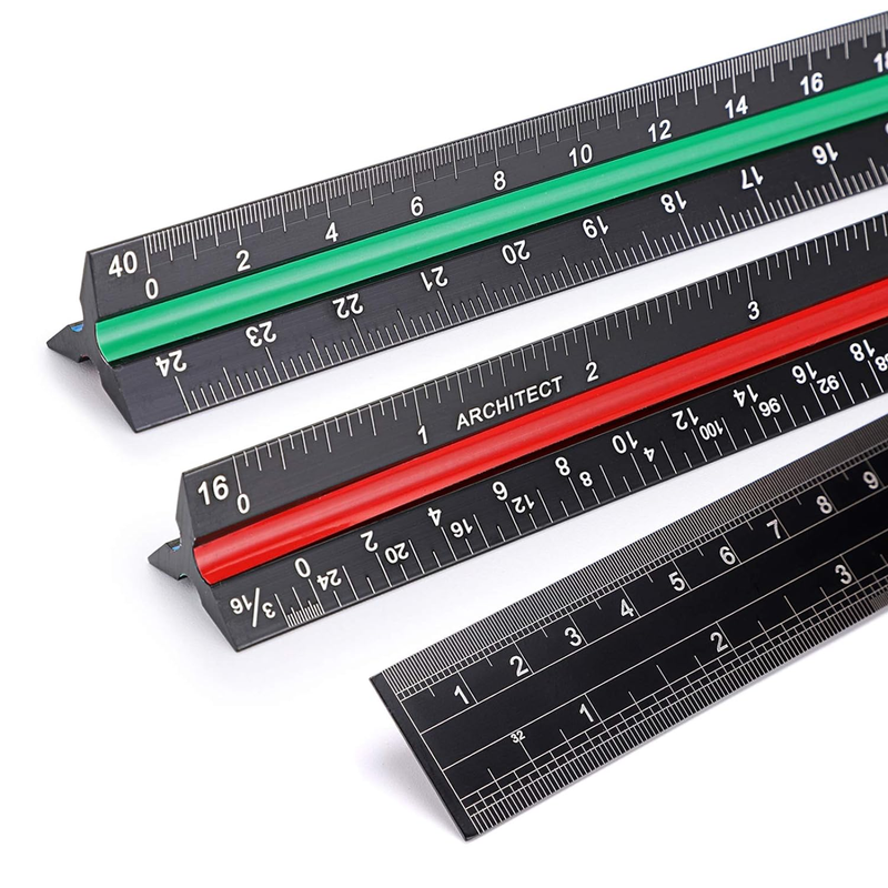 3 Pack 12 Inch Solid Aluminum Triangular Architect Scale Ruler Set, 3-Colors-Gro
