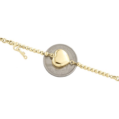 Pre-owned Jfl Diamonds & Timepieces 14k Yellow Gold Fancy Rolo Link Heart & Key Charm 3mm Textured Bead Bracelet 7"