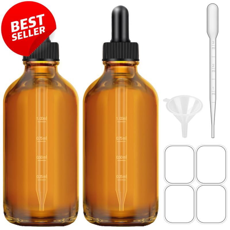 2 Pack 4oz Amber Dropper Bottles Glass Tincture Serum w Pipette Labels - US