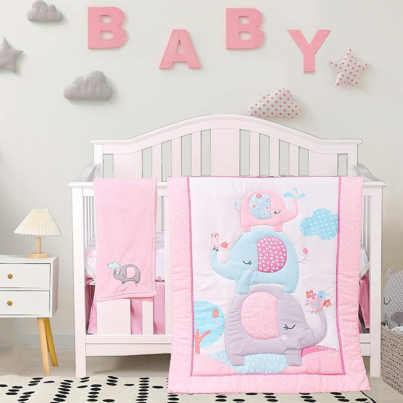 4Piece Soft Baby Girl Crib Bedding Set Pink Elephant Nursery
