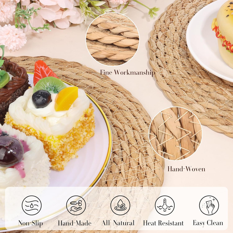 Round Woven Placemats Set of 12, 12" Round Rattan Placemats, Natural Wicker, Han