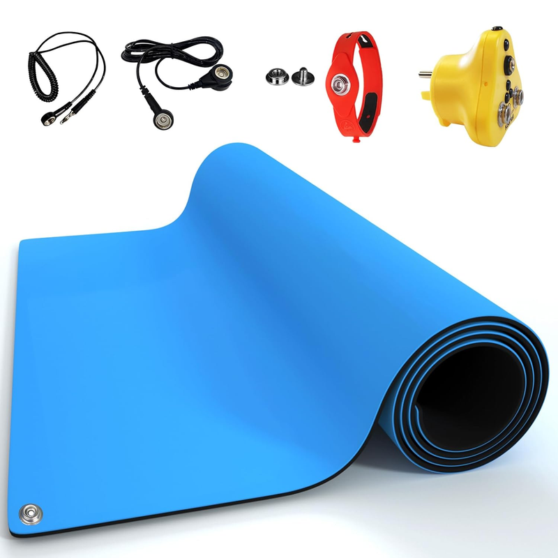 24 X 16 Inch ESD Rubber Mat Kits, anti Static Table Floor Pad for Electronic Device Repair Solder Assembly PC Building, W/H Grounding Kit- Antistatic Wrist Straps Bracelets Cord Plugs, Blue