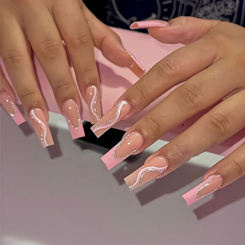 On Nails French Tip Coffin Fake Nails Glossy Acrylic Nails