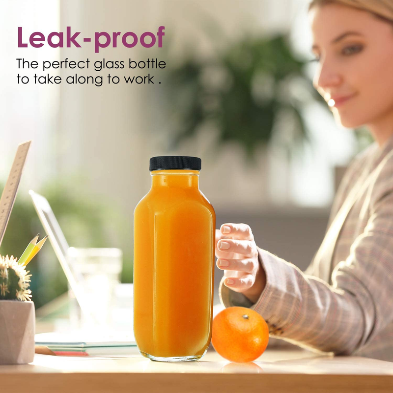 Glass Juice Bottles with Lids [12 Pack] Bulk Glass Water Bottles with Caps for J
