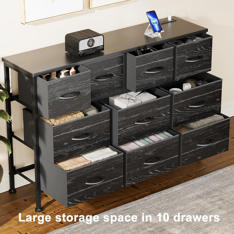 Dresser for Bedroom, 10 Drawer TV Stand with Power Outlet, Entertainment Center