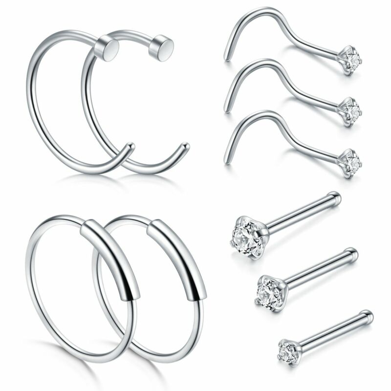 10pcs 22g Surgical Steel Nose Hoop Rings Nose Screw Bone Studs Piercing Jewelry
