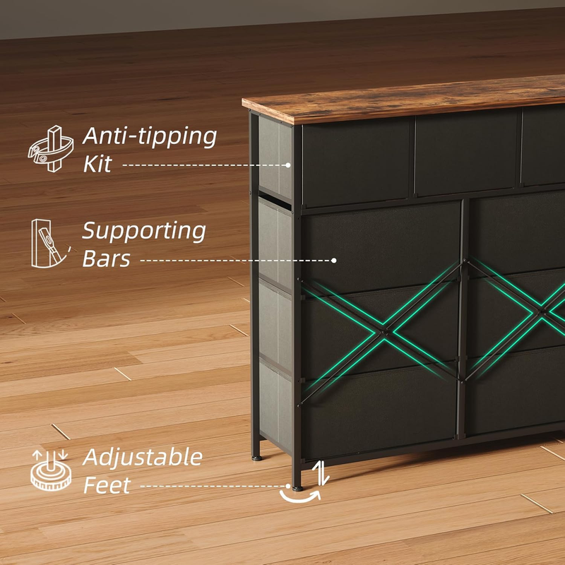 Dresser for Bedroom with 9 Drawers, Chest of Drawers with Wooden Top, Tall Fabri