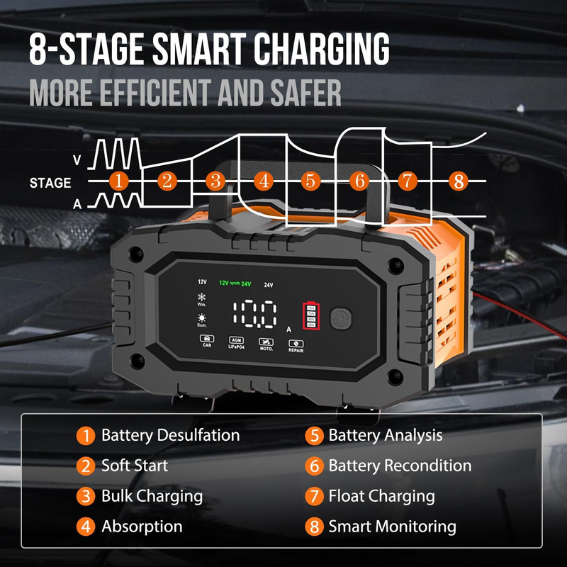 NC202 10-Amp Battery Charger, 12V 24V LiFePO4 Lead Acid Portable Car Battery Cha