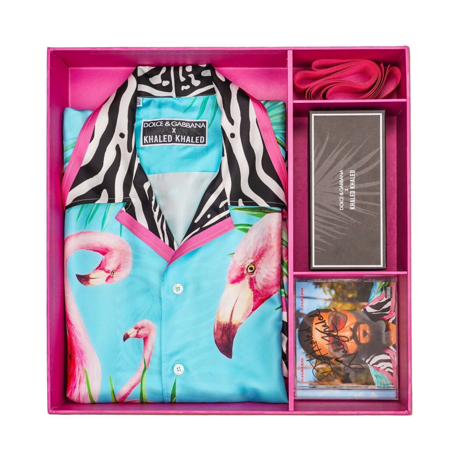 Pre-owned Dolce & Gabbana Dj Khaled Box Flamingo Silk Shirt Blouse Sunglasses Cd 12486 In Pink