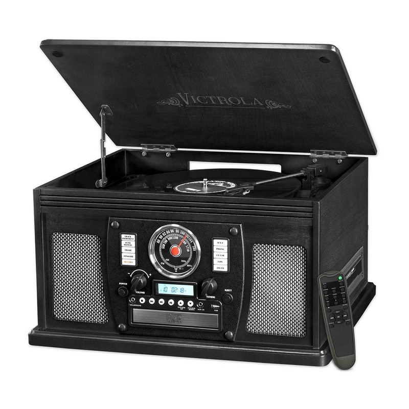 Nostalgic Wood 8-in-1 CD Cassette  3-speed Record Player Bluetooth FM Radio USB