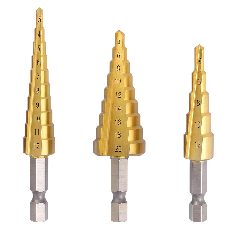 Step Drill Bit Set with 1/4-inch Hex Shank Titanium HSS Coated Step Drill Bit Se
