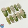 24Pcs Gradient Green Press on Nails Medium French Tip Fake Nails 3D Green Flower Glue on Nails with Pearl Rhinestones False Nails Summer Square Acrylic Nails Handmade Artificial False Nails for Women