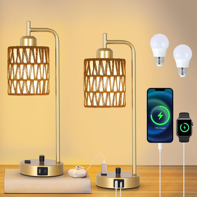 Gold Lamp for Bedroom, Boho Rattan Table Lamps Set of 2 with LED Bulbs, Bedside Lamps for Night Stands with Wicker Shade, USB Port and Outlet, Modern Side Desk Lamp for Living Room Office