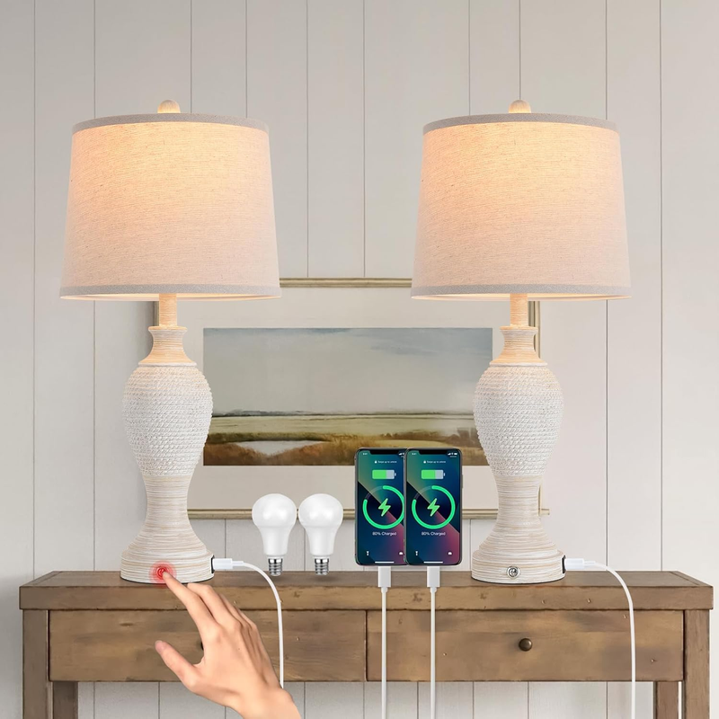 Living Room Table Lamps Nightstand Lamps Desk Lamp Vintage Bedside Lamp Set of 2,Rustic Lights,Modern Farmhouse Table Lamps,3 Way Touch Dimmable Light,Rechargeable USB Type A+C Port