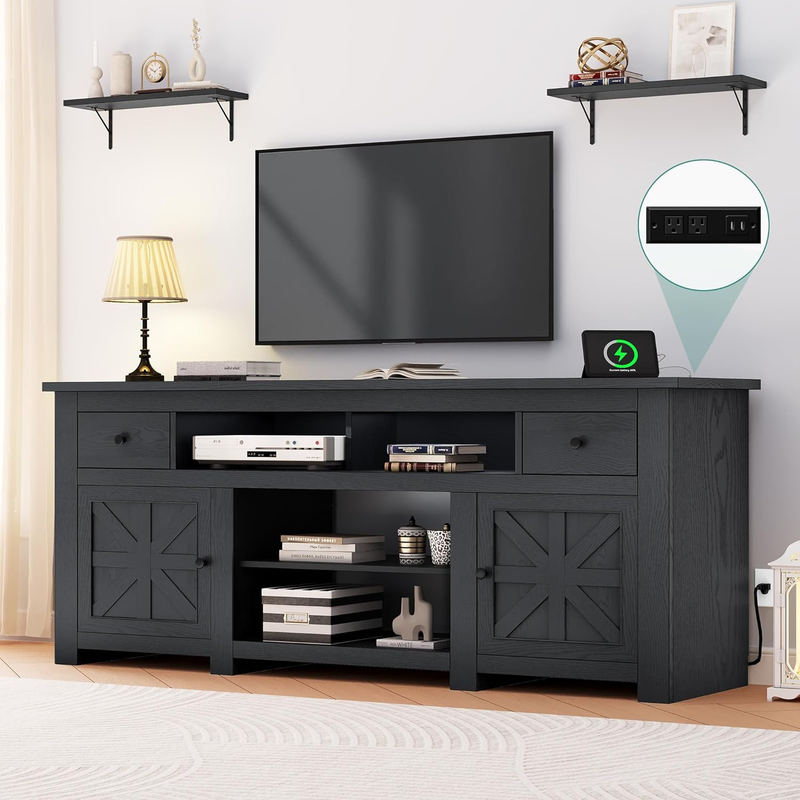 Farmhouse TV Stand, Entertainment Center with Power Outlet for Tvs up to 80 Inch