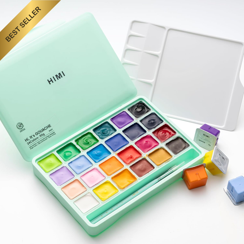Gouache Paint Set, 24 Colors X 30Ml Unique Jelly Cup Design,With 3 Pieces Hog Br