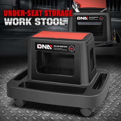 Подвижное сиденье механика по ремонту автомобилей в гараже с лотком для хранения инструментов красного цвета