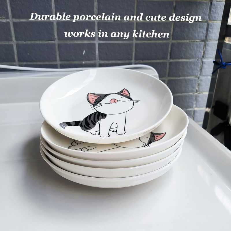 Set of 5 Ceramic Plates with Cute Cat Design, 7.28 Inch Large Dessert Salad Porc