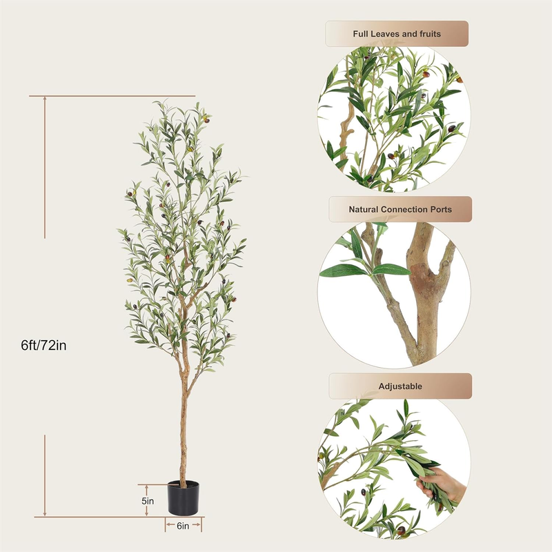 Faux Olive Tree 6ft，Olive Trees Artificial Indoor with Natural Wood Trunk and Re