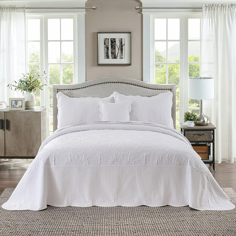 California King Quilt - Oversized King Bedspreads 120X120, 4-Piece Cal King Quilt Sets,Rustic Bedding Sets King Size,Reversible Coverlets Lightweight Bed Cover for All Season Use-White
