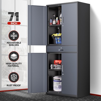 71 Серо-черный запирающийся металлический шкаф для хранения с выдвижным ящиком и 2 регулируемыми полками