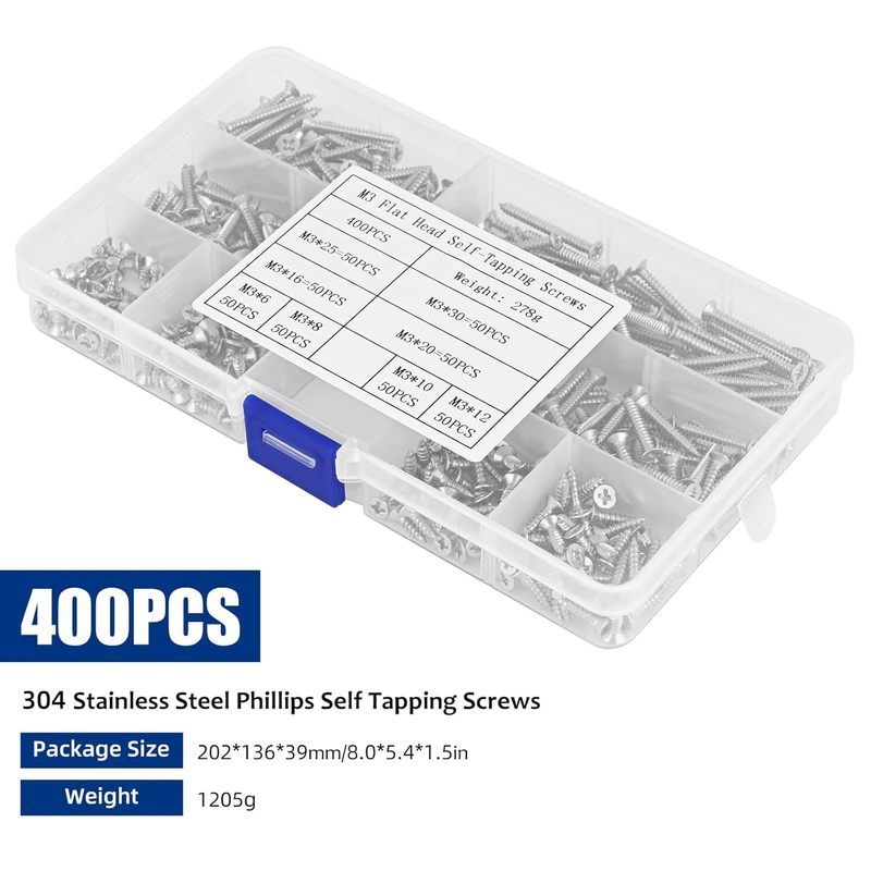400 Pieces M3 Self Tapping Screws Stainless Steel Phillips Wood Screw 6mm - 30mm
