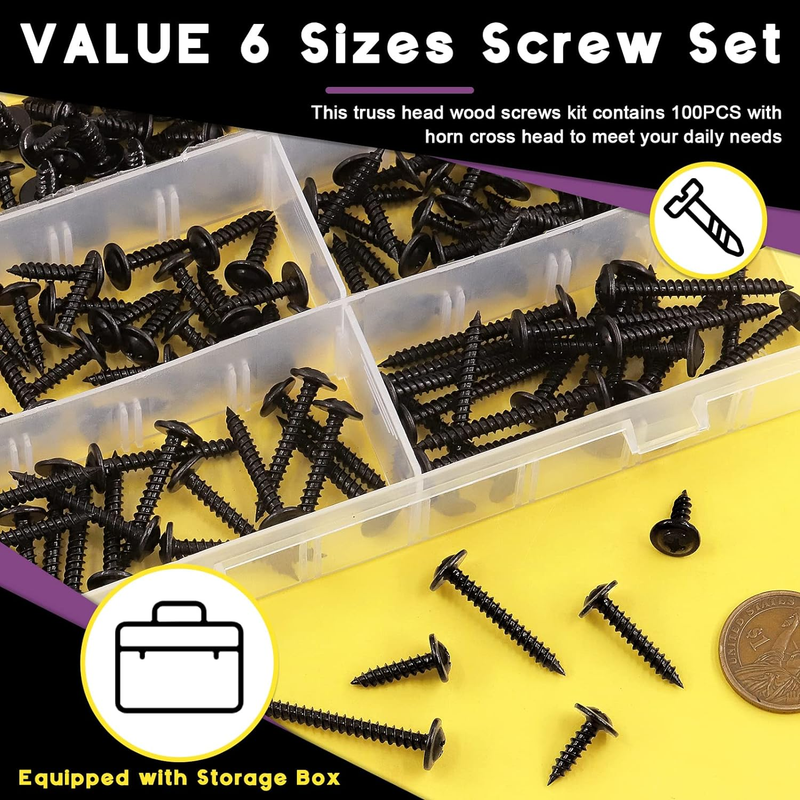 180Pcs 6 Sizes #8 x 1/2", 5/8", 3/4", 1", 1-1/4", 1-1/2" Phillips Modified Truss