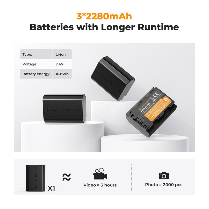 NP-FZ100 Battery 3-Pack and Triple Battery Charger for Sony A7iii, A7iv, A7C, ZV