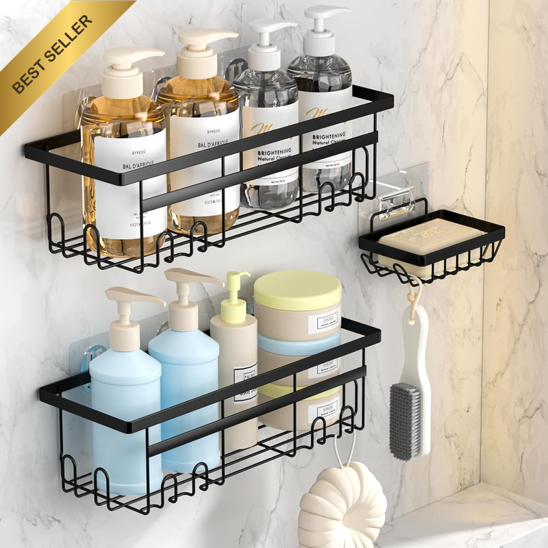 3 Pack Shower Caddy No Drilling Bathroom Shelf Shampoo Holder Black | Wall Mount