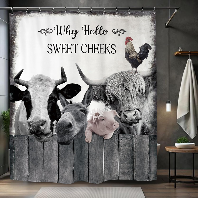 Farmhouse Animal Farm Funny Shower Curtain 60Wx72L Inch Bull Cow Pig Donkey Rust