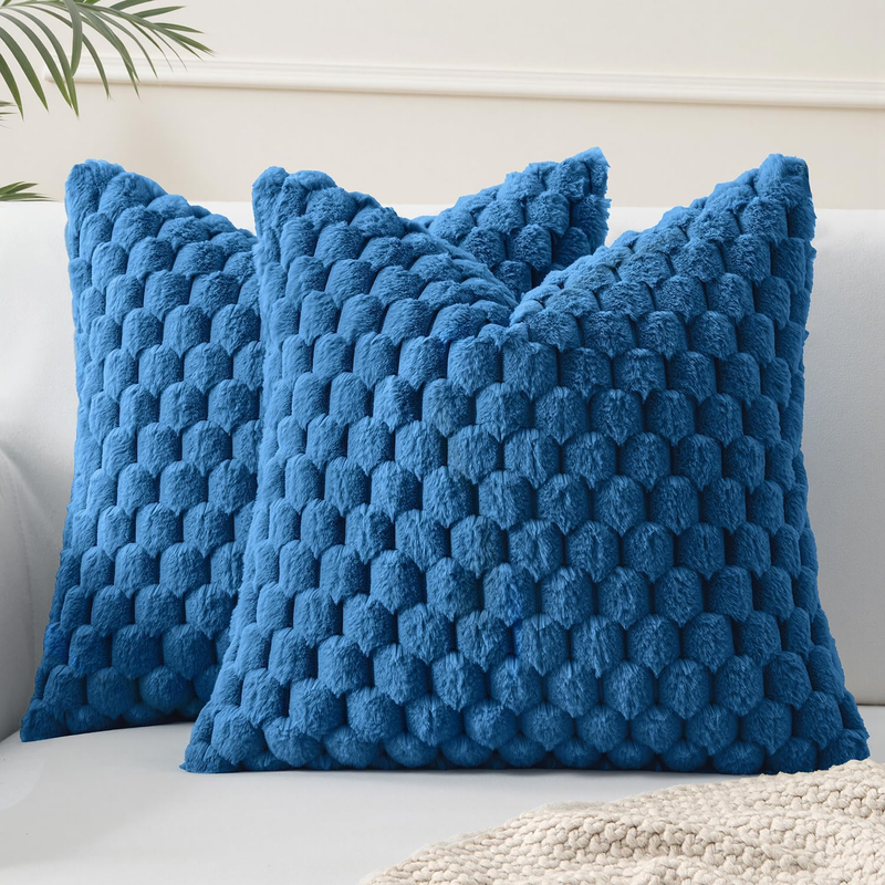 Navy Blue Faux Fur Decorative Throw Pillow Covers 18X18 Inch Set of 2 Super Soft
